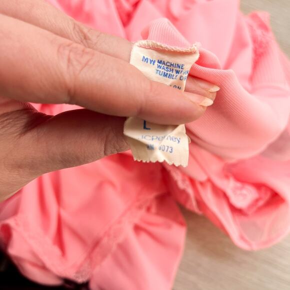 Vintage Shadowline Nylon Nightgown M Medium Pink Short Sleeve Silky Lace Sweep - Picture 12 of 12